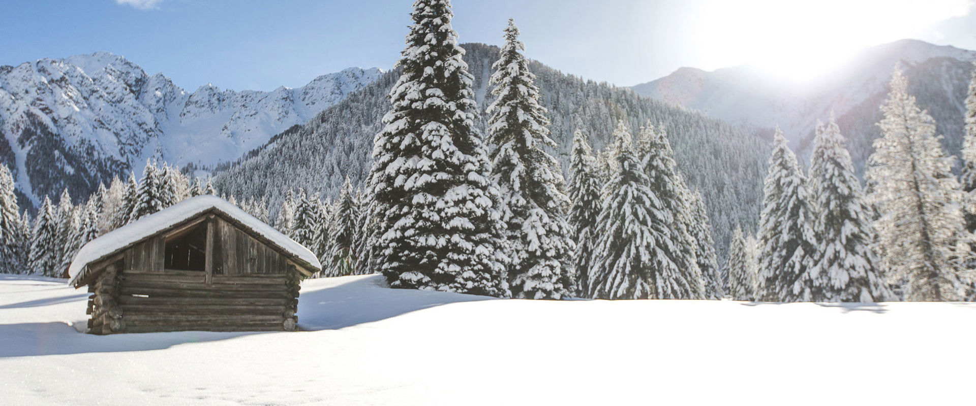 Winter landscape Snow-covered huts and forests.