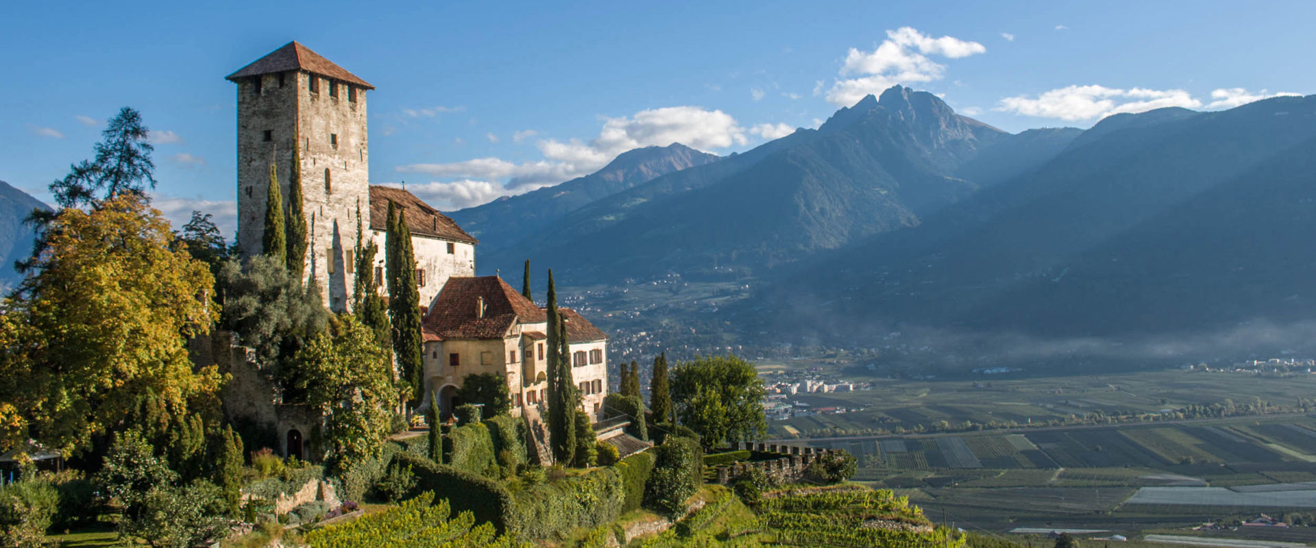 Lebenberg Castle View of the Adige valley and Lebenberg Castle, landmark of the village of Tscherms.
