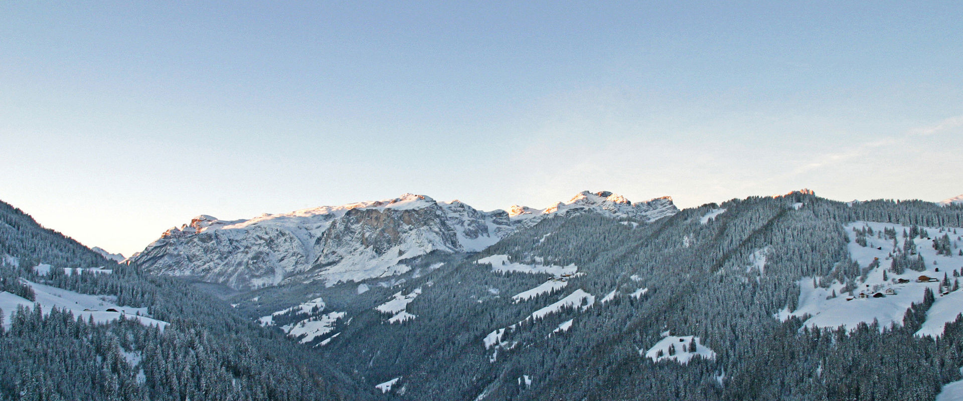 Snow-covered, wooded slopes and mountain peaks in the first morning light.