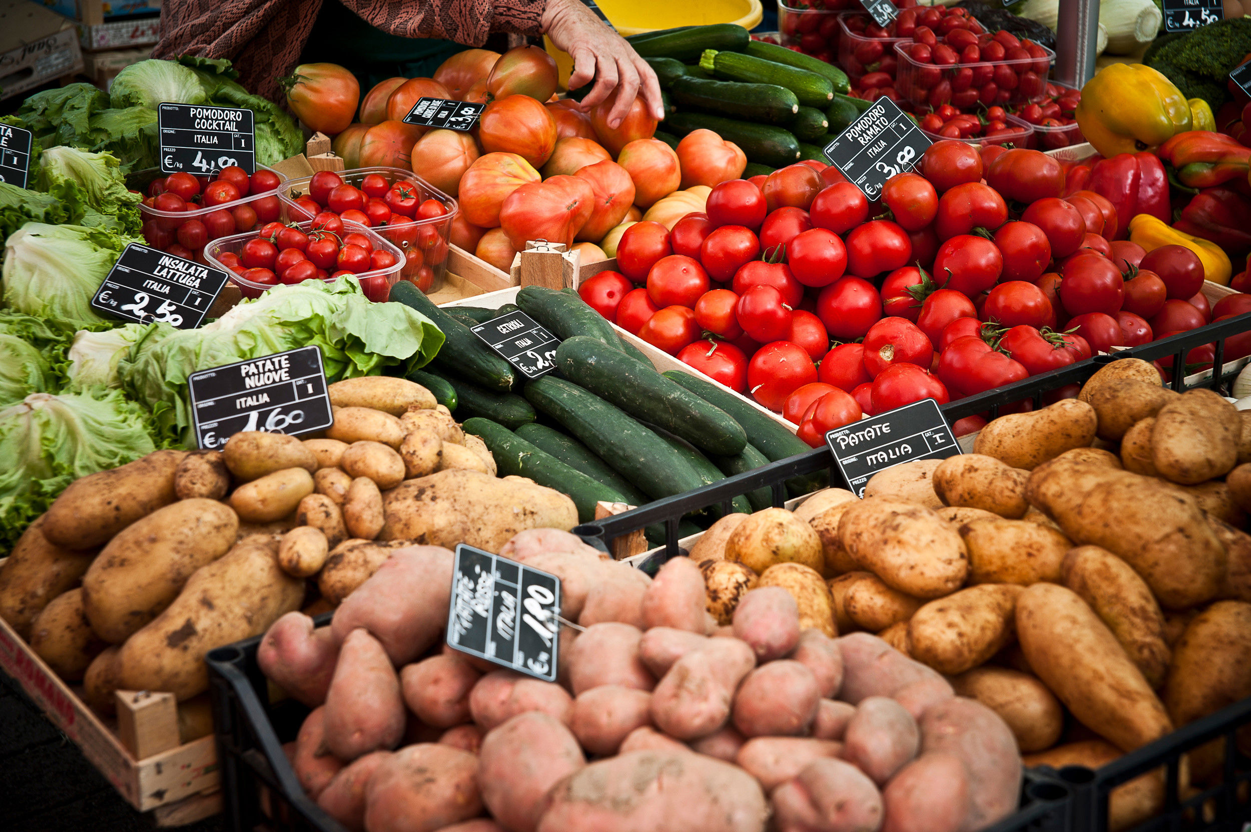 Market stall with various vegetables and price tag.