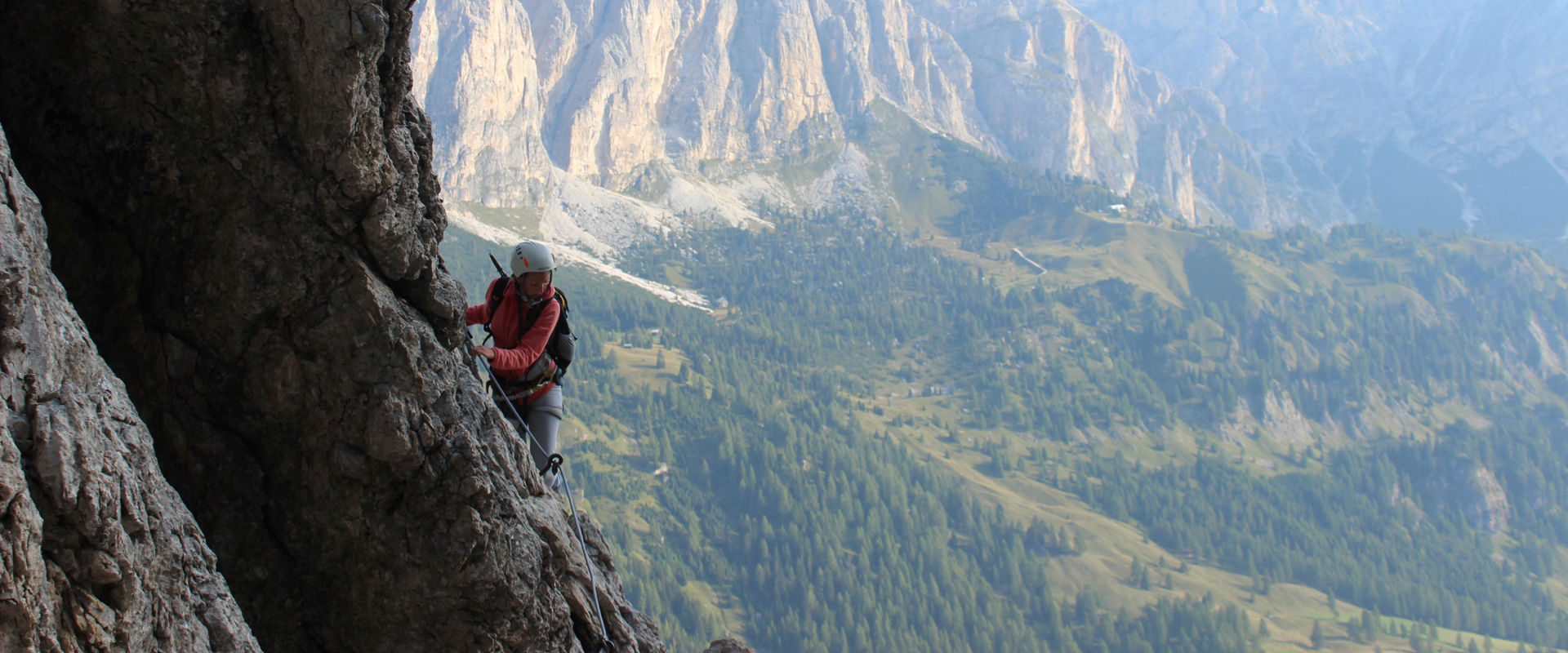 Pisciadu via ferrata Woman on the Pisciadu via ferrata.