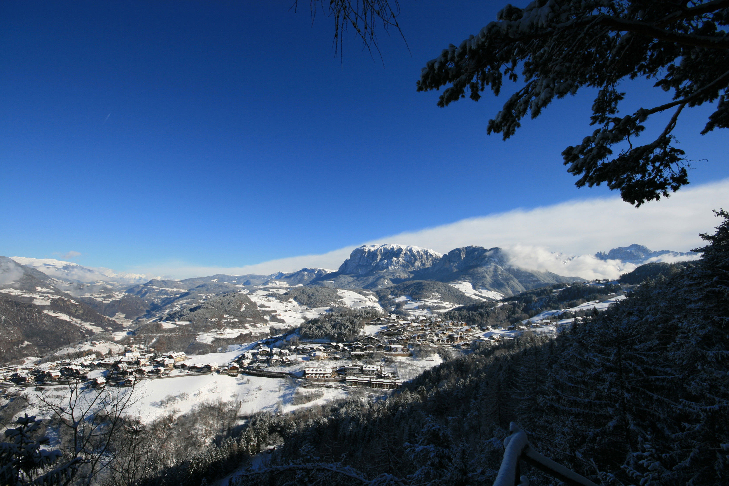 Steinegg with meadows and forests in winter and Mt. Schlern in the background