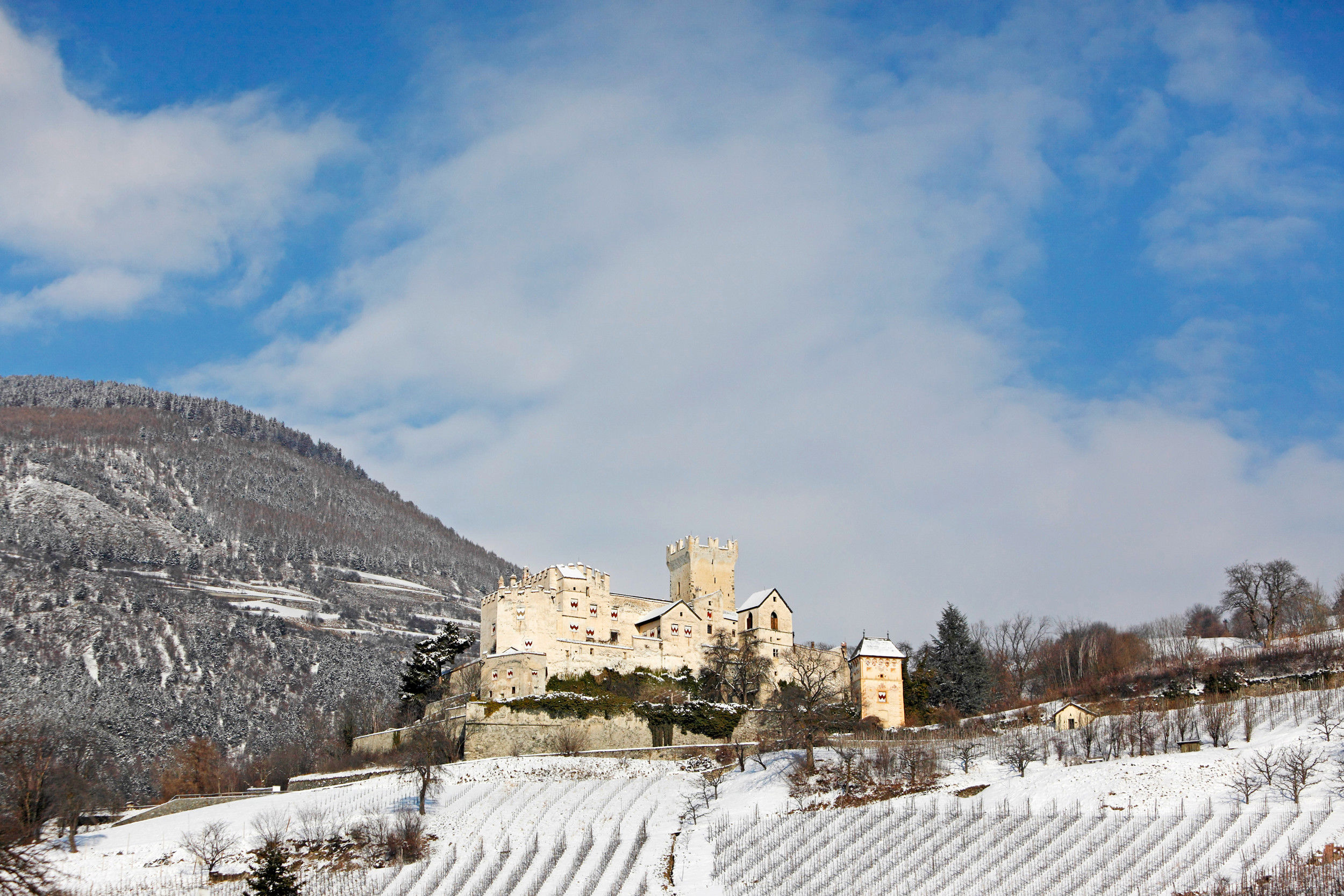 View of Churburg Castle covered in snow.