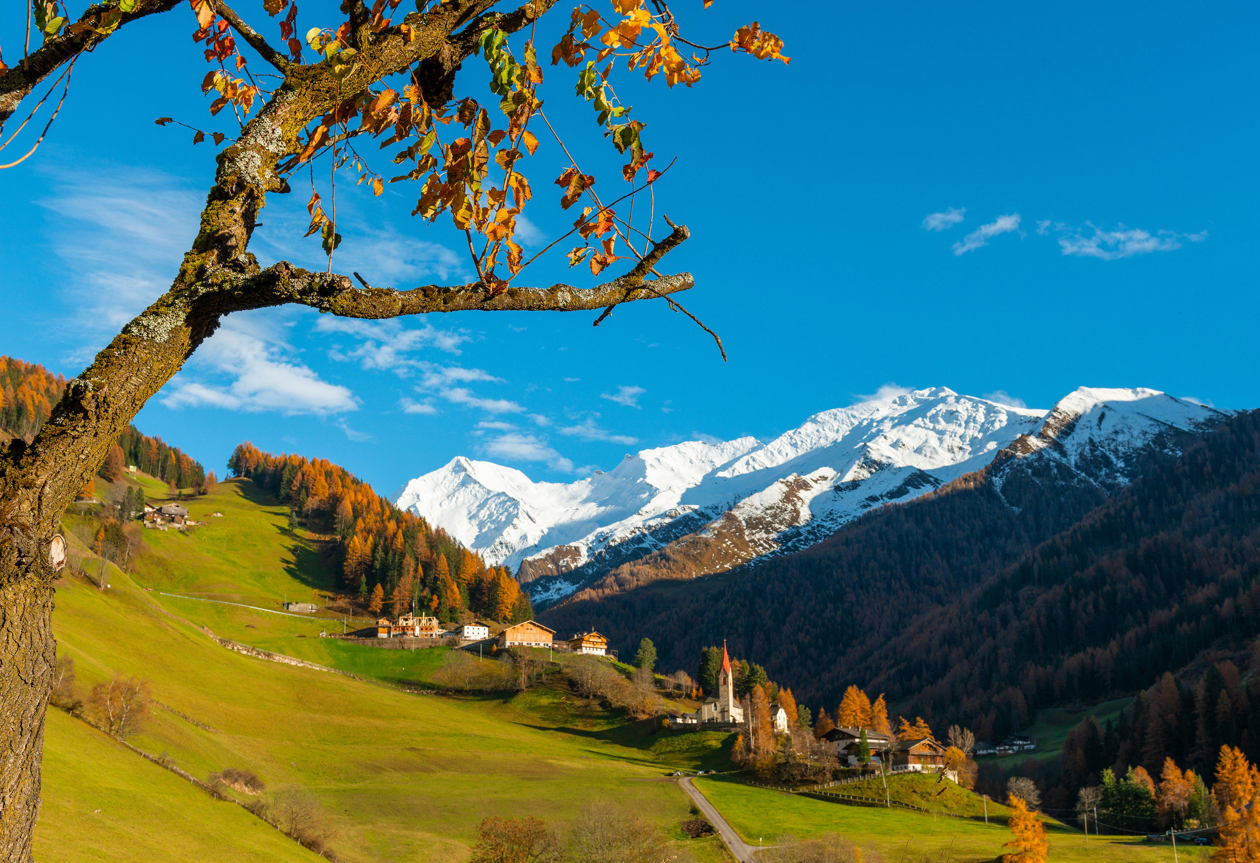 The village of St. Peter in the Ahrntal Valley with snow-covered mountain peaks in the background
