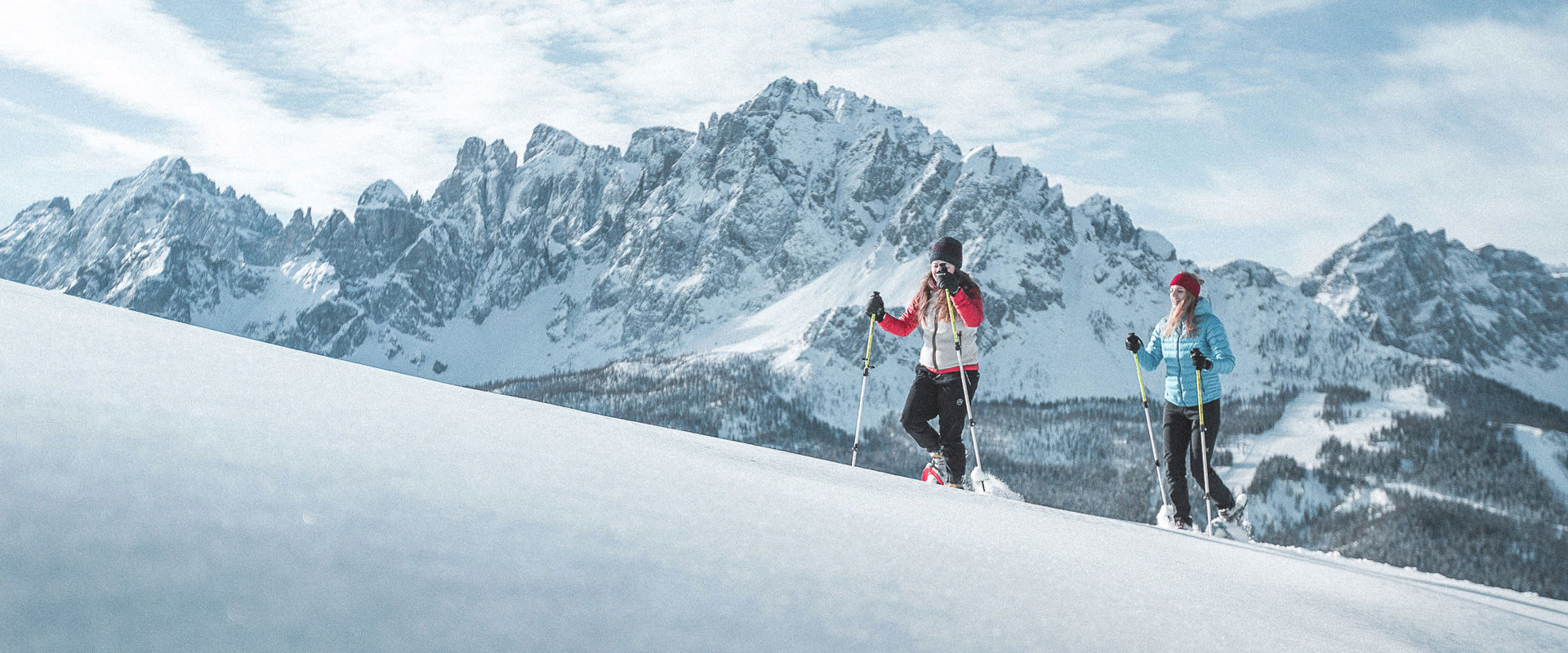2 snowshoe hikers go up the mountain.