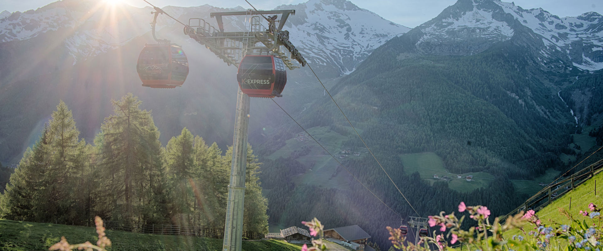 Mountain Card Pustertal Valley The cable way goes up the mountain.