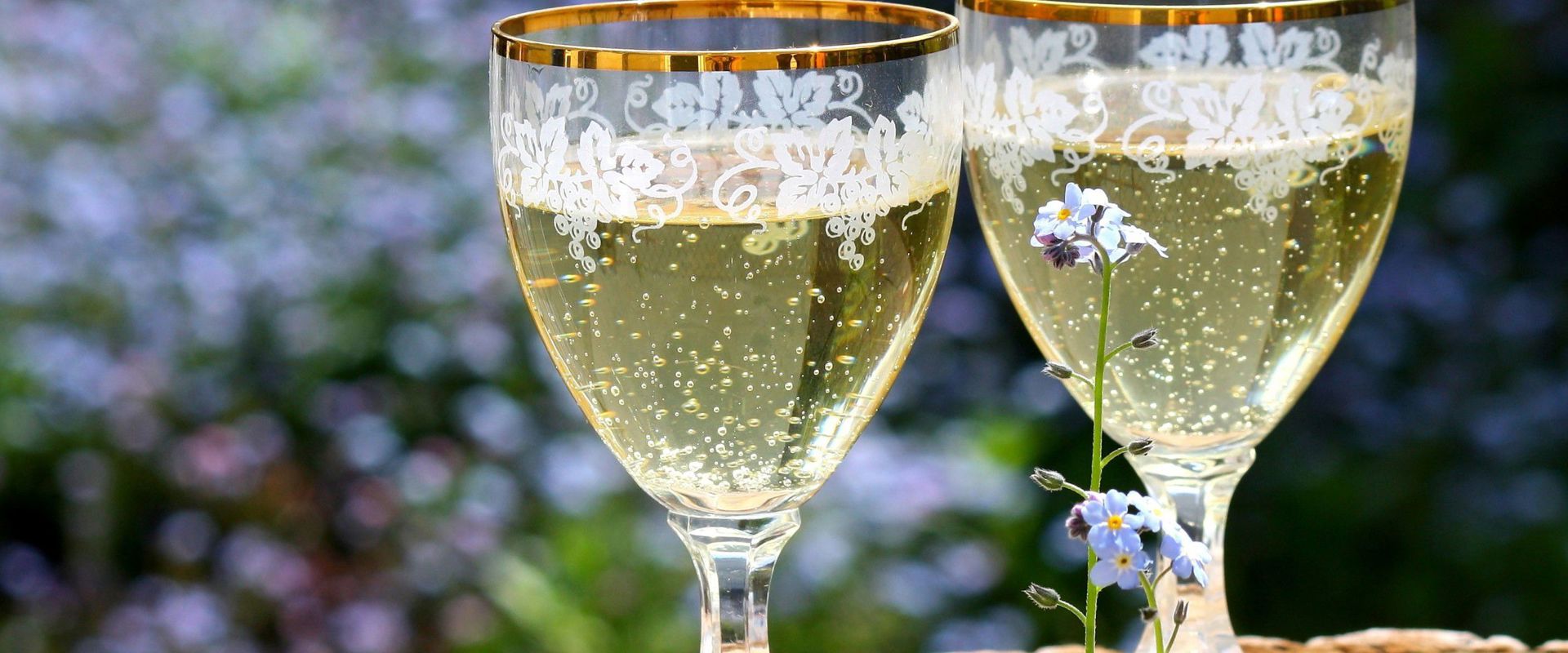 Two glasses of sparkling wine are on the table.