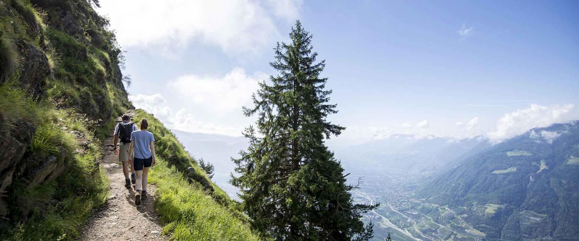 The city of Meran from above Mountain trail in summer with a view of Meran from above.