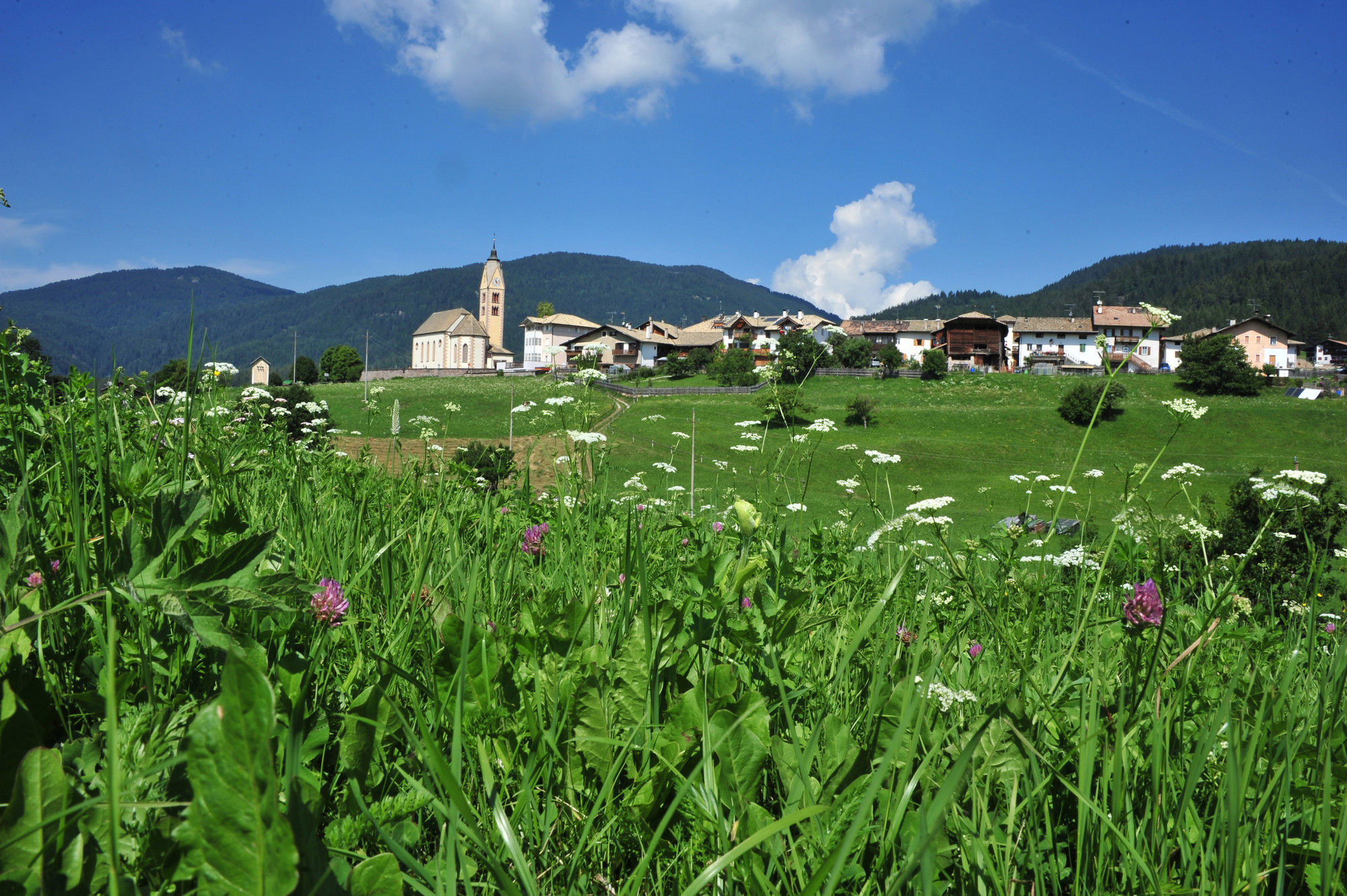 The village of Altrei surrounded by lush green meadows and a dreamlike mountain landscape.