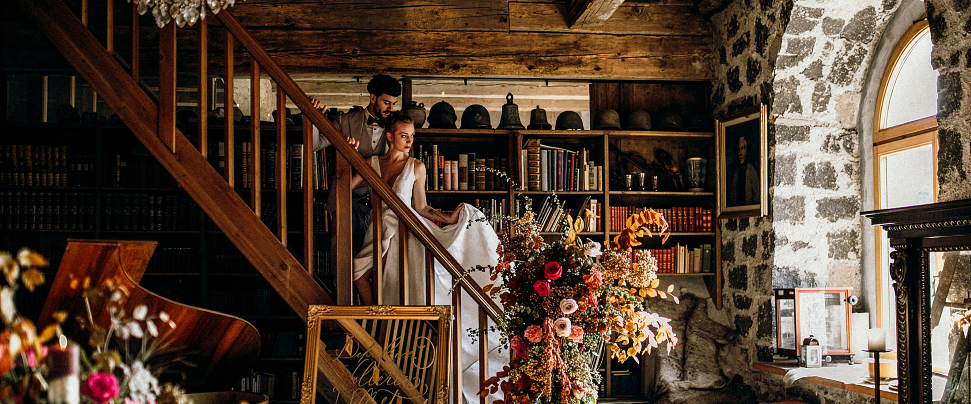 Bride and groom on the steps of Wangen Bellermont Castle
